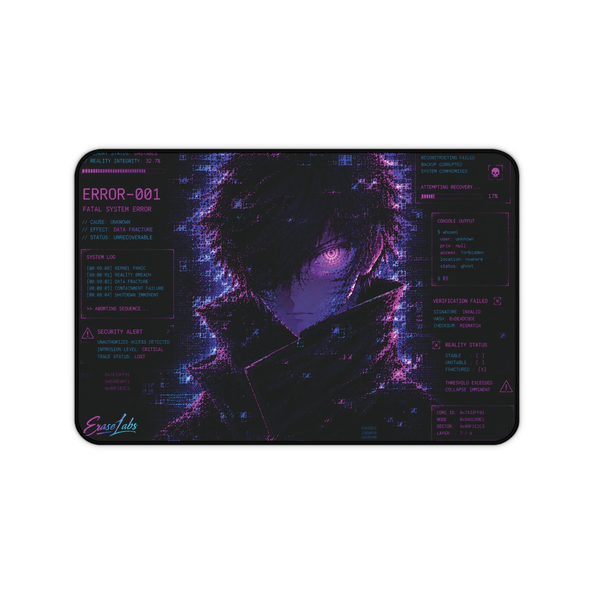 ERROR-001 Glitch Gaming Mousepad | XL Neon Morado y Azul Anime Mouse Pad | EraseLabs