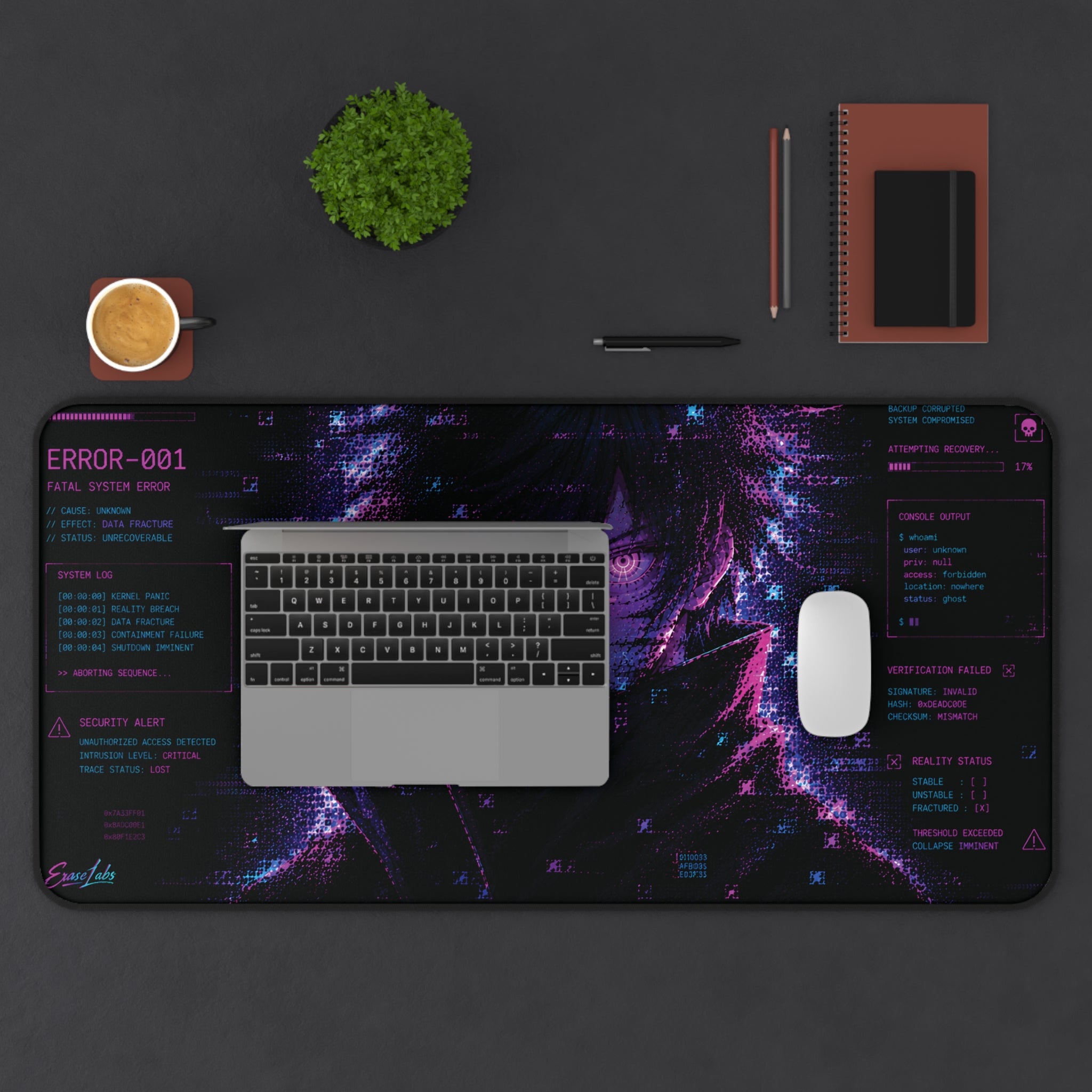 ERROR-001 Glitch Gaming Mousepad | XL Neon Morado y Azul Anime Mouse Pad | EraseLabs