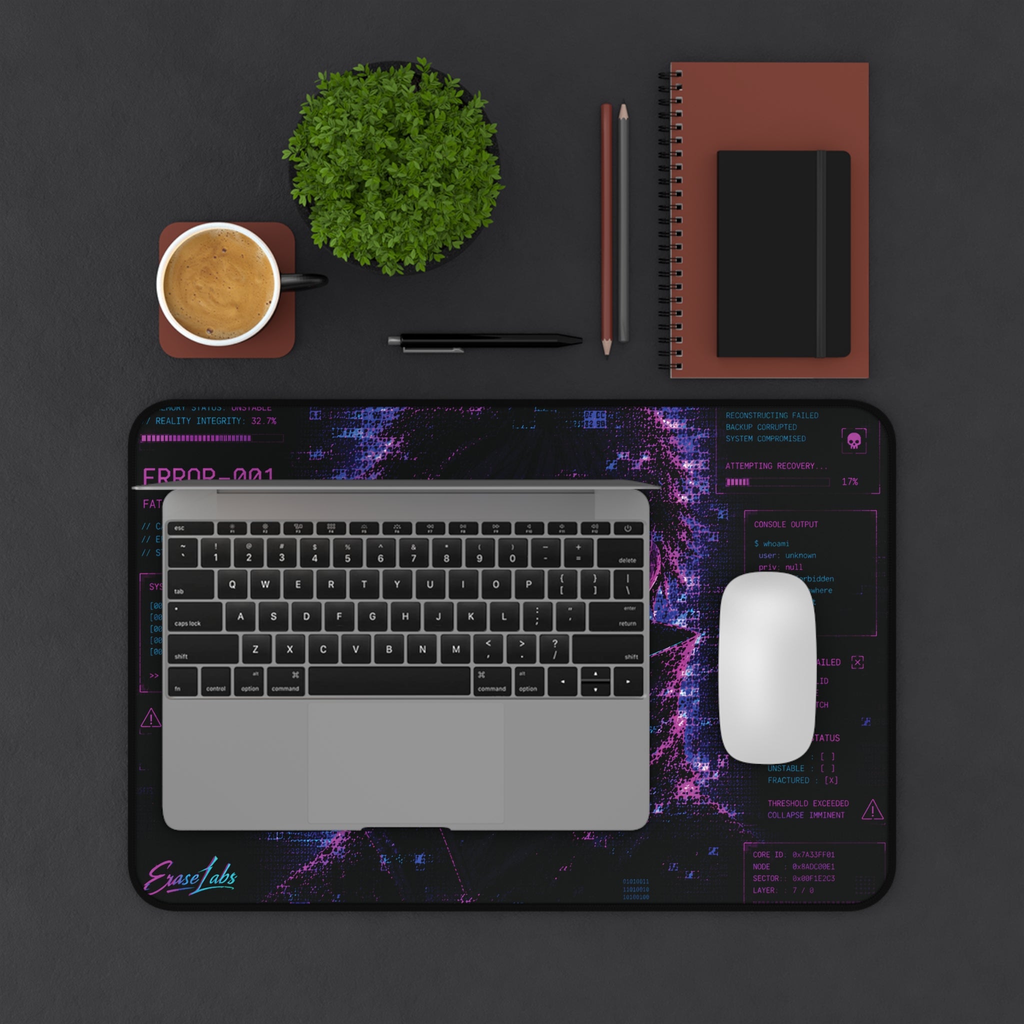 ERROR-001 Glitch Gaming Mousepad | XL Neon Morado y Azul Anime Mouse Pad | EraseLabs