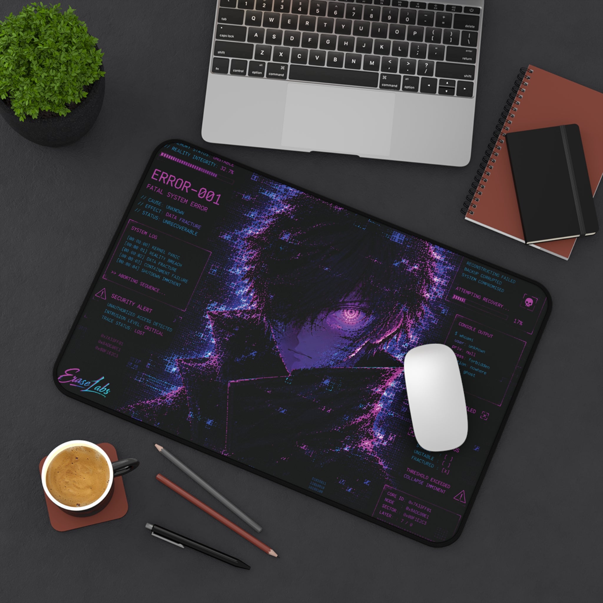ERROR-001 Glitch Gaming Mousepad | XL Neon Morado y Azul Anime Mouse Pad | EraseLabs