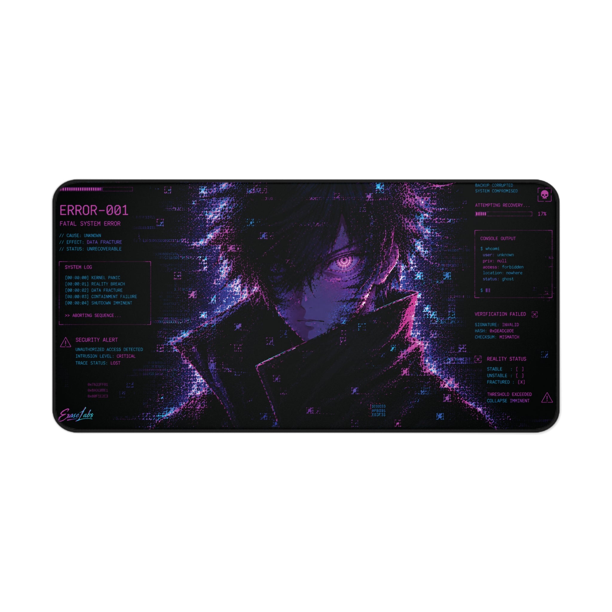 ERROR-001 Glitch Gaming Mousepad | XL Neon Morado y Azul Anime Mouse Pad | EraseLabs