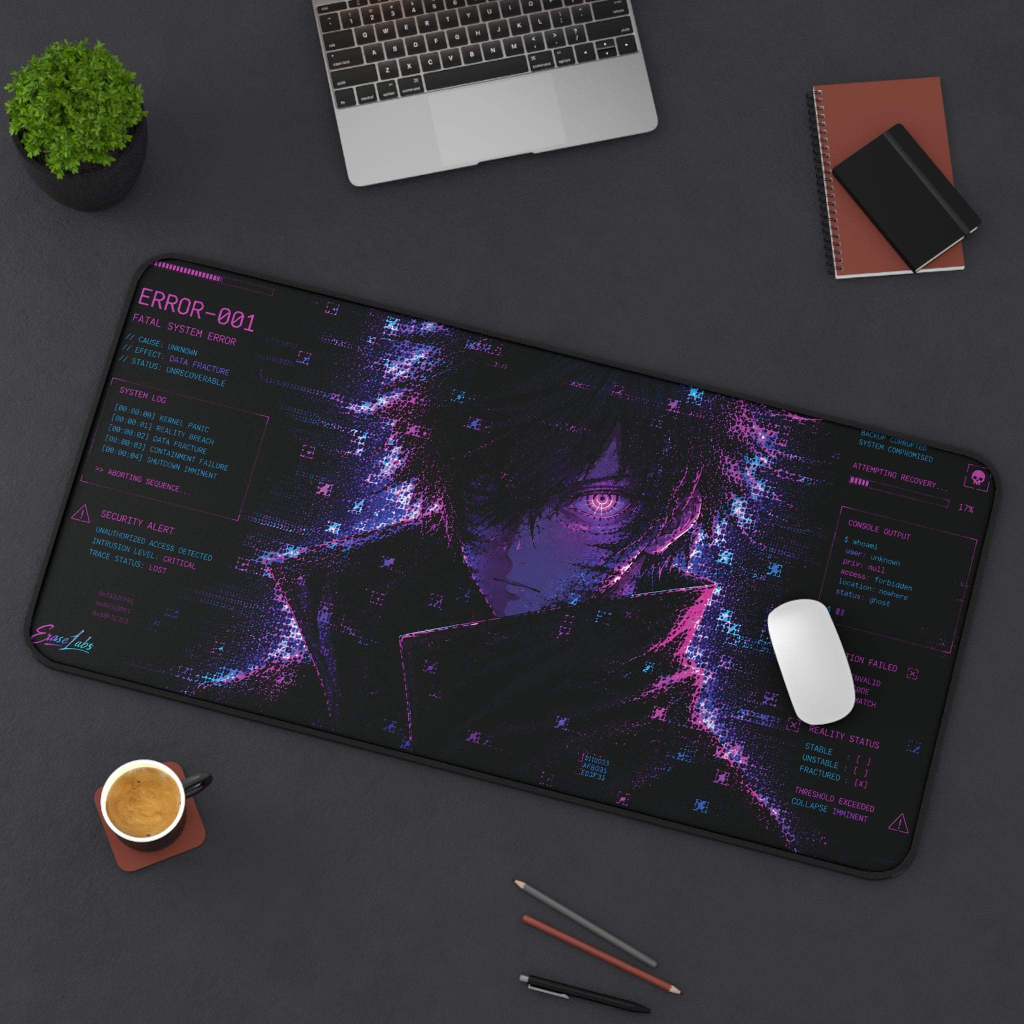 ERROR-001 Glitch Gaming Mousepad | XL Neon Morado y Azul Anime Mouse Pad | EraseLabs